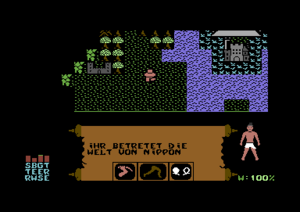 Splitscreen mit Mehrfarben-Textmodus oben und normalem Textmodus unten im Spiel "Nippon".