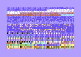 Ausgabe des Demoprogramms: Alle 5 Anzeigemodi des VIC gleichzeitig: Von oben nach unten: erweiterter Hintergrundfarbenmodus, normaler Textmodus, Mehrfarben-Textmodus, Mehrfarben-Grafik, normale Grafik.